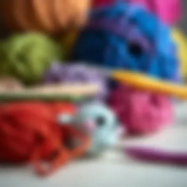 A close-up of colorful yarns and crochet hooks essential for amigurumi.