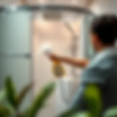 Person applying cleaning solution to shower cabin