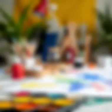 An artistic workspace filled with vibrant paint colors ready for use