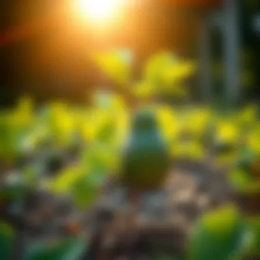 Sunlight shining on growing avocado sapling