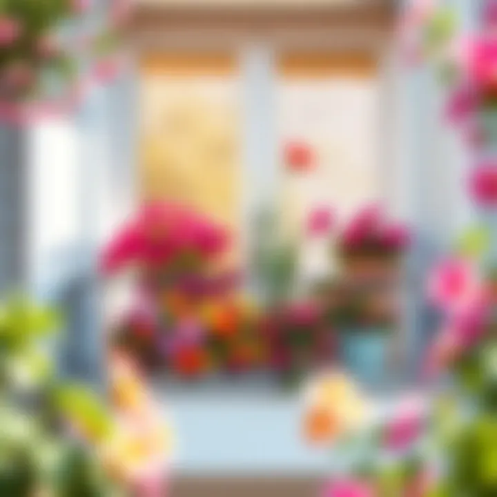 Sunny balcony filled with blooming flowers