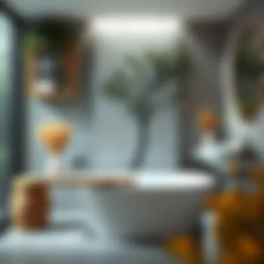 Chic bathroom showcasing a contemporary tub with natural elements