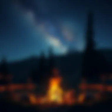 Campfire glowing under a starry night sky