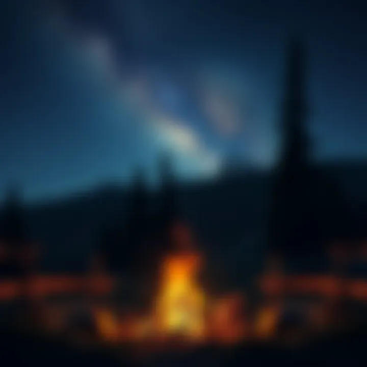 Campfire glowing under a starry night sky