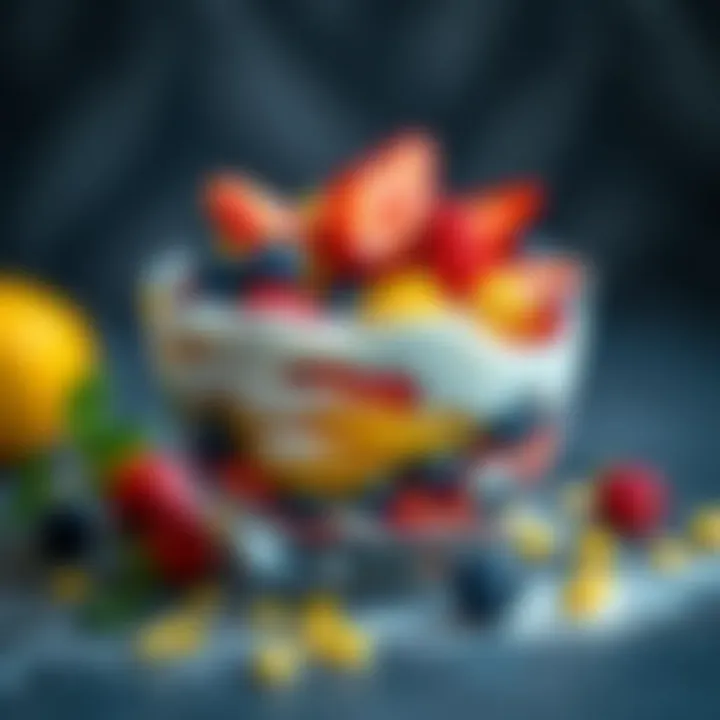 Layers of Delight in a Bowl A stunning bowl dessert featuring layers of colorful fruits and decadent cream.