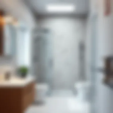 Brightly lit small bathroom featuring a sleek shower enclosure