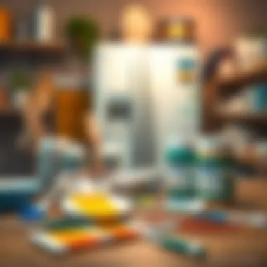 Essential painting supplies laid out for refrigerator art.