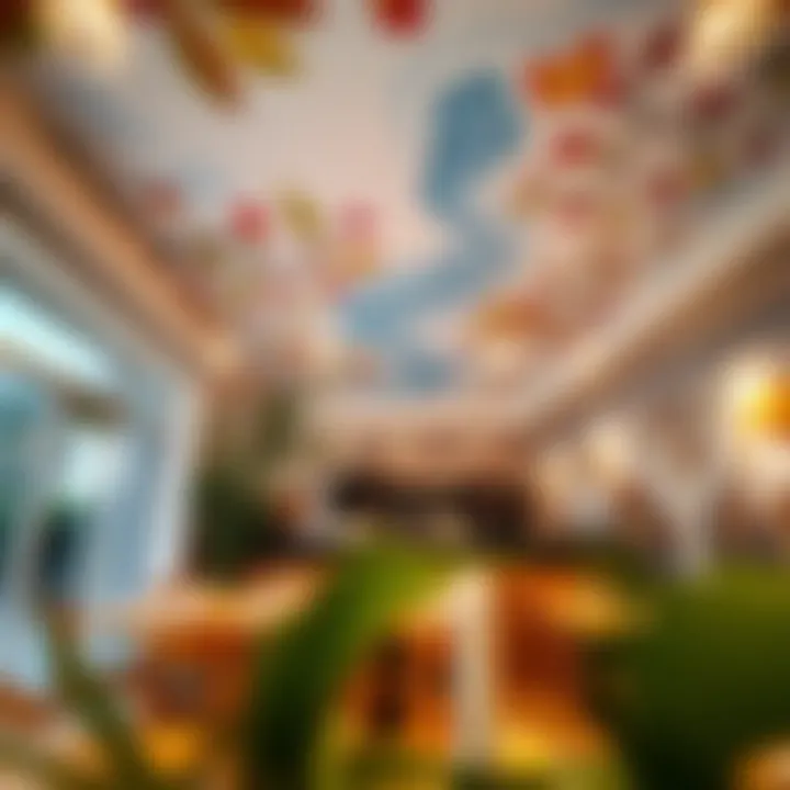 Artistic ceiling mural adding character to a cafe environment