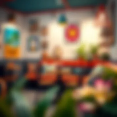 Eclectic cafe setup featuring vibrant colors and art