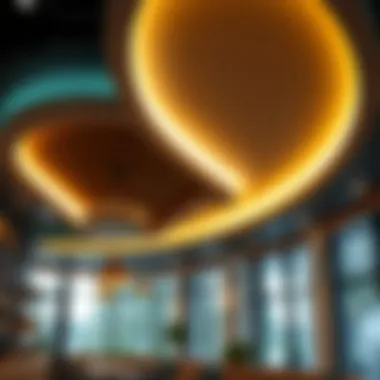 Stylish modern ceiling with creative lighting solutions in a cafe