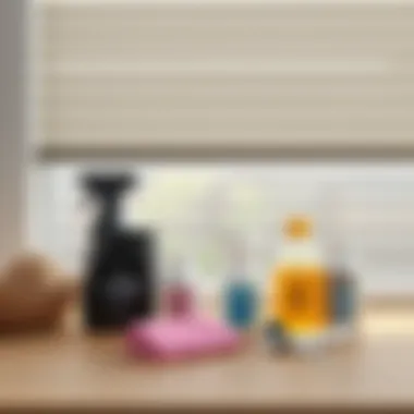 Maintenance tips illustrated with care products and accessories for embedded blinds.