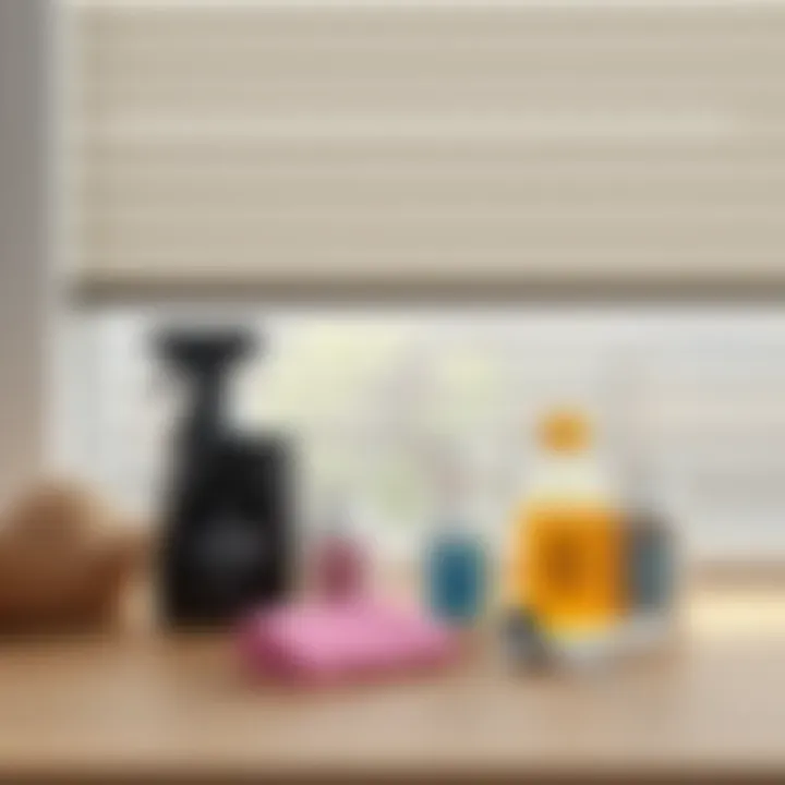 Maintenance tips illustrated with care products and accessories for embedded blinds.