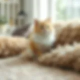 A fluffy cat sitting on a couch covered in fur