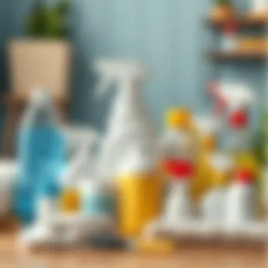 A variety of cleaning supplies arranged neatly