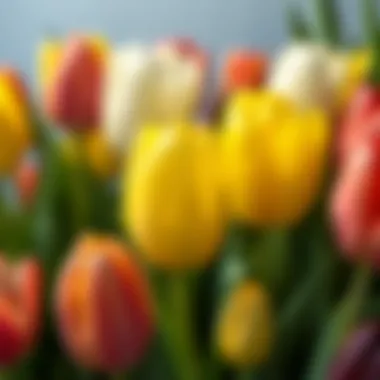 A close-up of tulips showcasing their diverse colors and unique shapes.