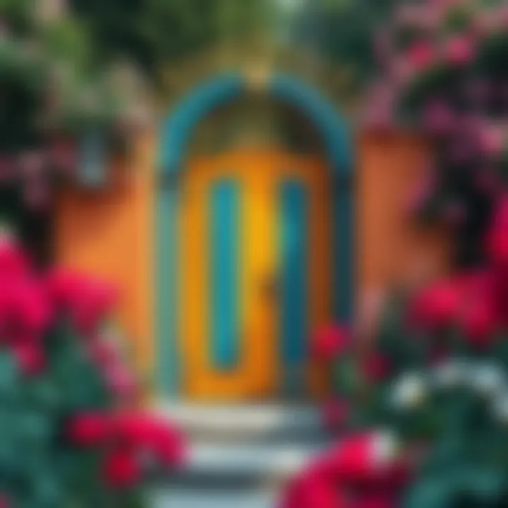 Colorful garden gate blending with floral surroundings