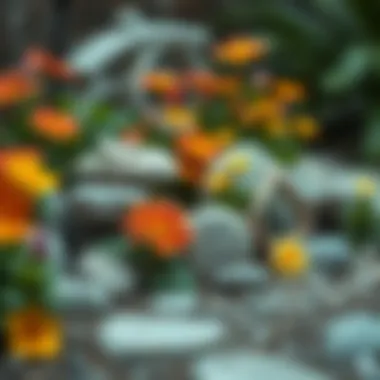 Decorative stones nestled among vibrant flowers
