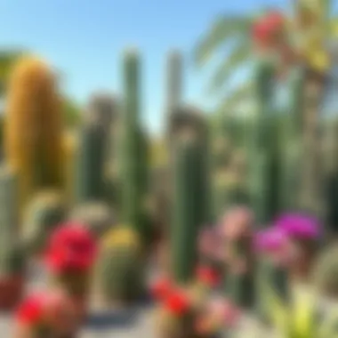 Diverse Species of Towering Cacti A variety of towering cacti species displayed in a vibrant garden setting