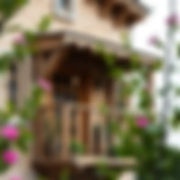 Stylish wooden balcony with decorative elements