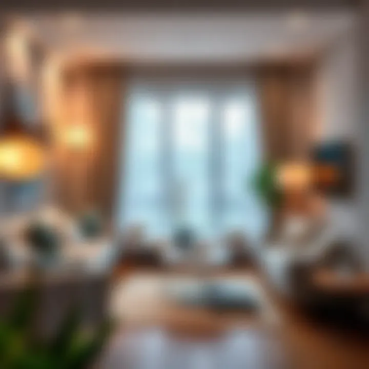 Cozy living room arrangement with functional furniture and warm lighting