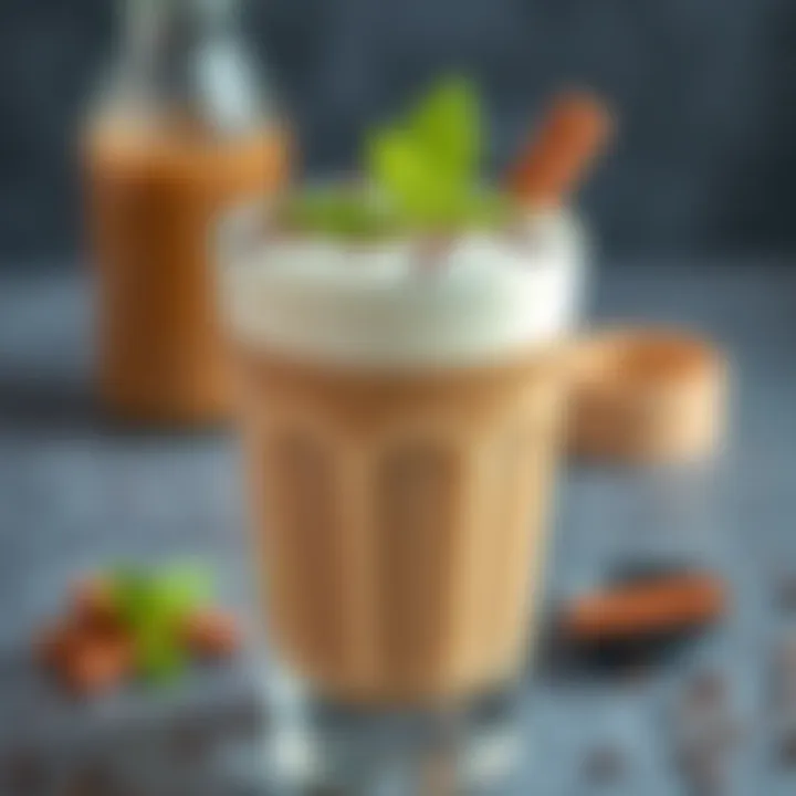 A close-up of a cold coffee glass garnished with mint leaves and chocolate shavings.