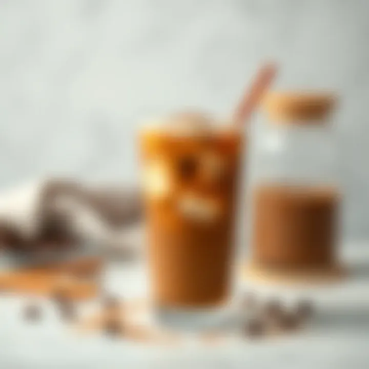 A refreshing glass of homemade cold coffee with ice cubes and a sprinkle of cocoa on top.