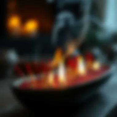A close-up of incense sticks burning gently, releasing fragrant smoke