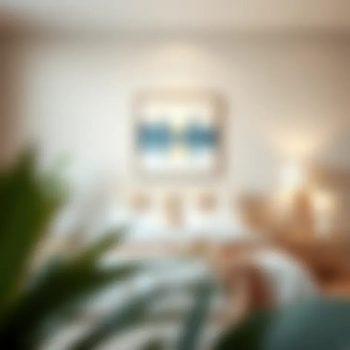 Tranquil Bedroom with Soothing Wall Art A tranquil bedroom showcasing a soothing color palette and an elegant piece of wall art.