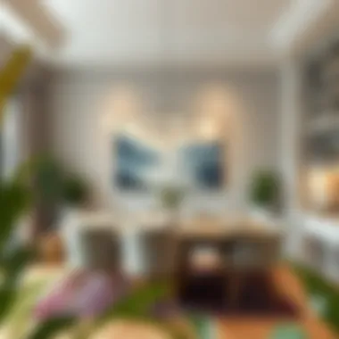 Inviting Dining Area with Landscape Art An inviting dining area featuring harmonious decor and a calming landscape painting.