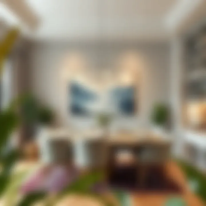 Inviting Dining Area with Landscape Art An inviting dining area featuring harmonious decor and a calming landscape painting.