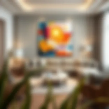 Serene Living Room with Abstract Art A serene living room adorned with a vibrant abstract painting reflecting positive energy.