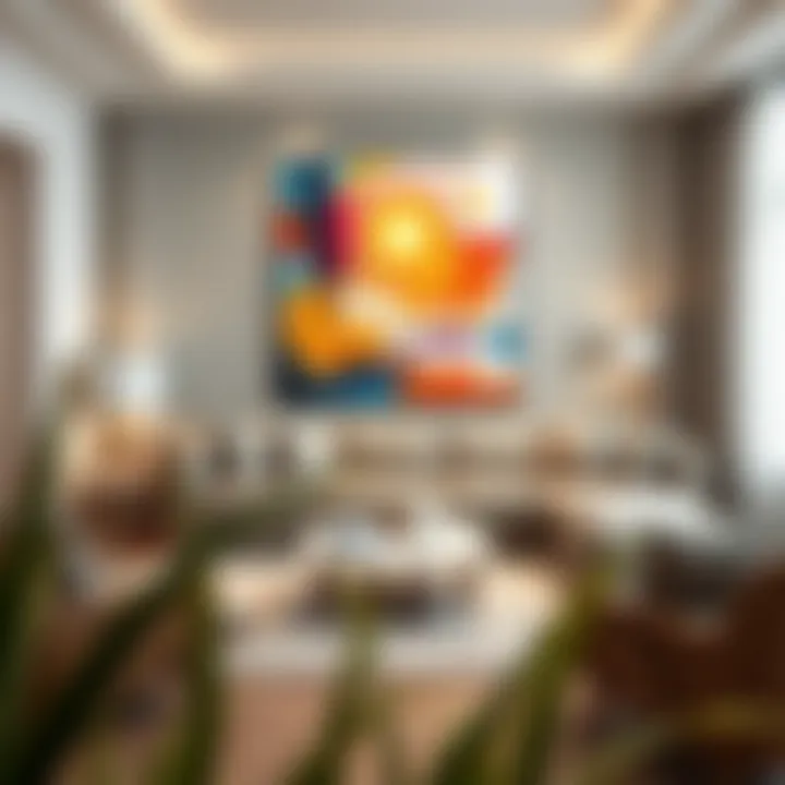 Serene Living Room with Abstract Art A serene living room adorned with a vibrant abstract painting reflecting positive energy.