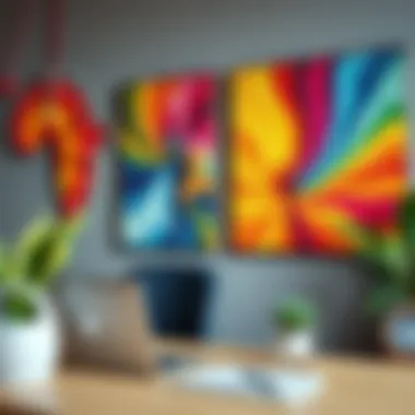 Workspace with Colorful Canvas Art A close-up view of colorful canvas art that enhances the energy flow in a workspace.