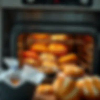 An assortment of baked goods emerging from an oven