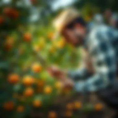 A gardener inspecting apricot plants in a garden