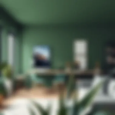 Modern workspace featuring grey green walls