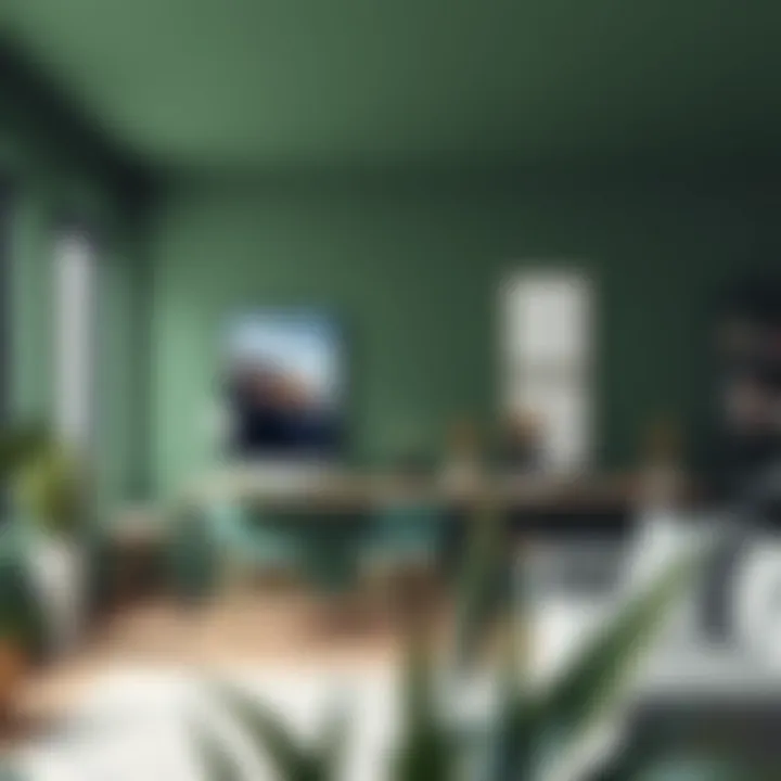 Modern workspace featuring grey green walls