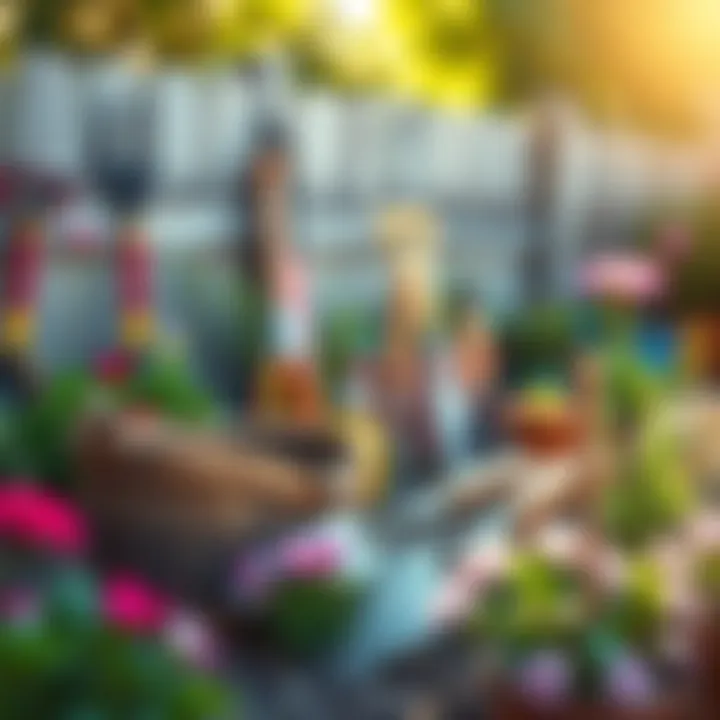 A serene outdoor scene showcasing gardening tools and blooming plants.
