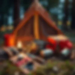 Essential camping gear layout