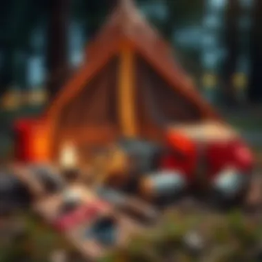 Essential camping gear layout