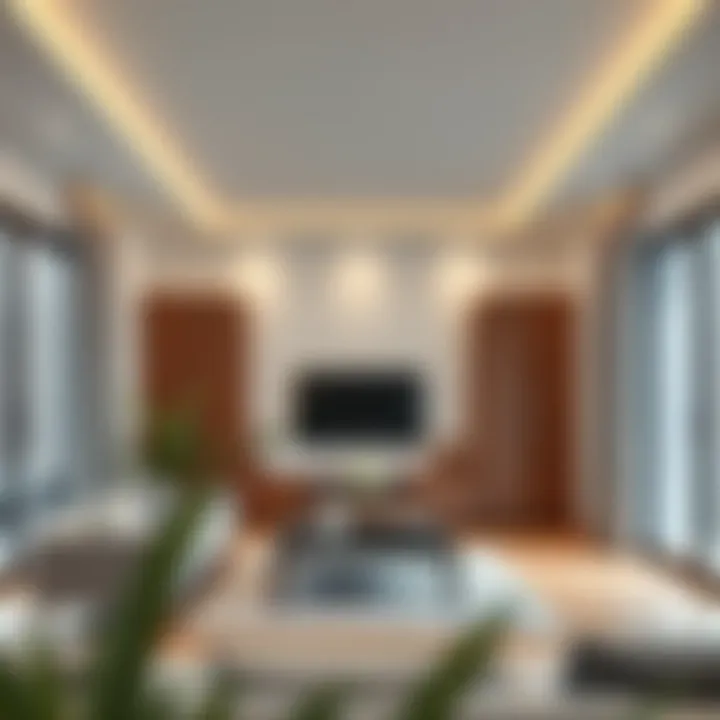 Interior view of a stylish living room with veneer cabinets