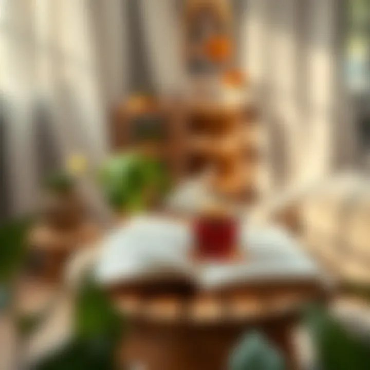 Tranquil space with a cup of tea and an open book on a side table