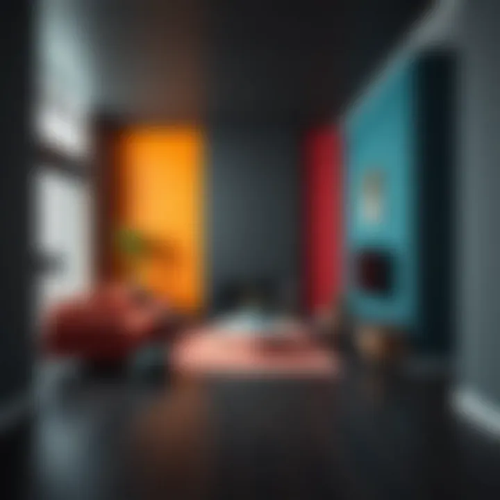 Sophisticated living room featuring dark flooring and vibrant wall hues