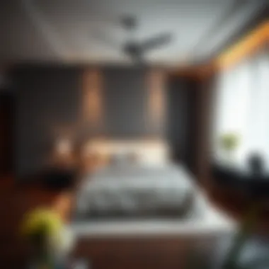 Stylish bedroom design with a balance of dark floors and light wall shades