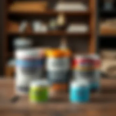 Different types of paint suitable for MDF applications displayed in containers.