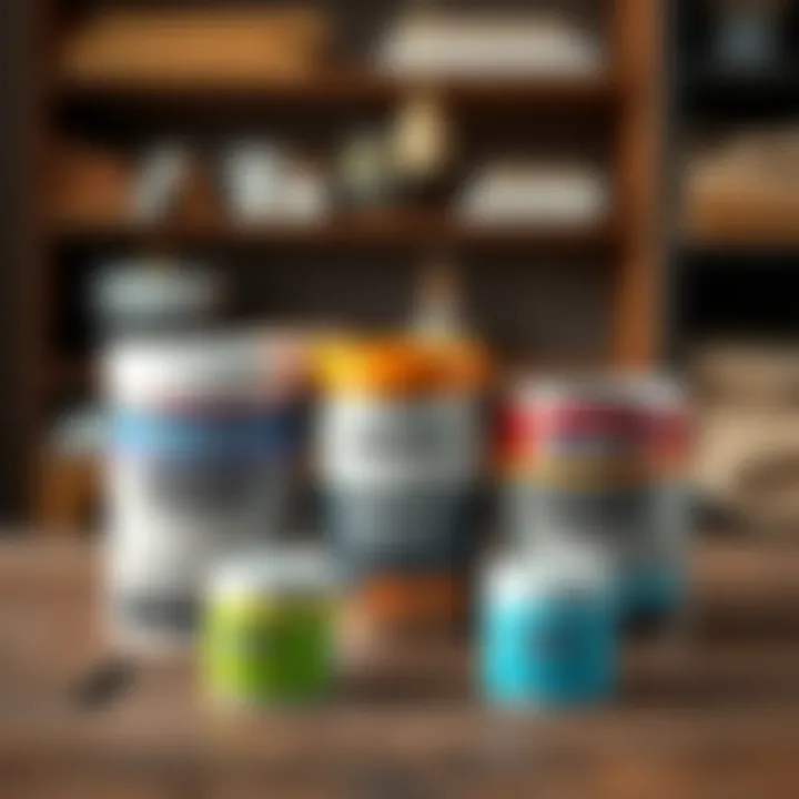 Different types of paint suitable for MDF applications displayed in containers.