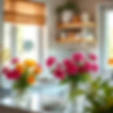 Flower arrangements enhancing a bright kitchen
