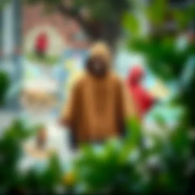 Illustration of poncho usage in different environments