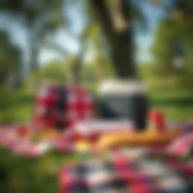 Essential picnic equipment including a blanket and cooler