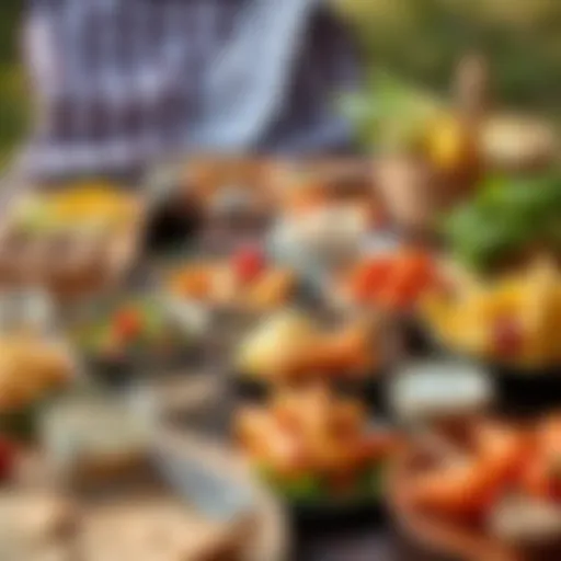 A vibrant picnic spread with various foods